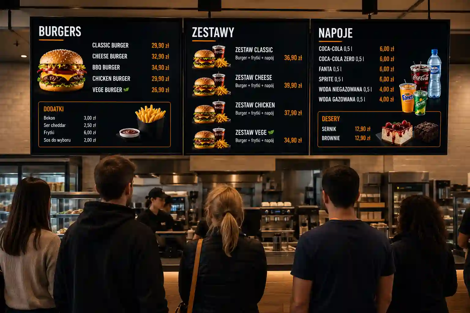 Menu board czytelny z kolejki