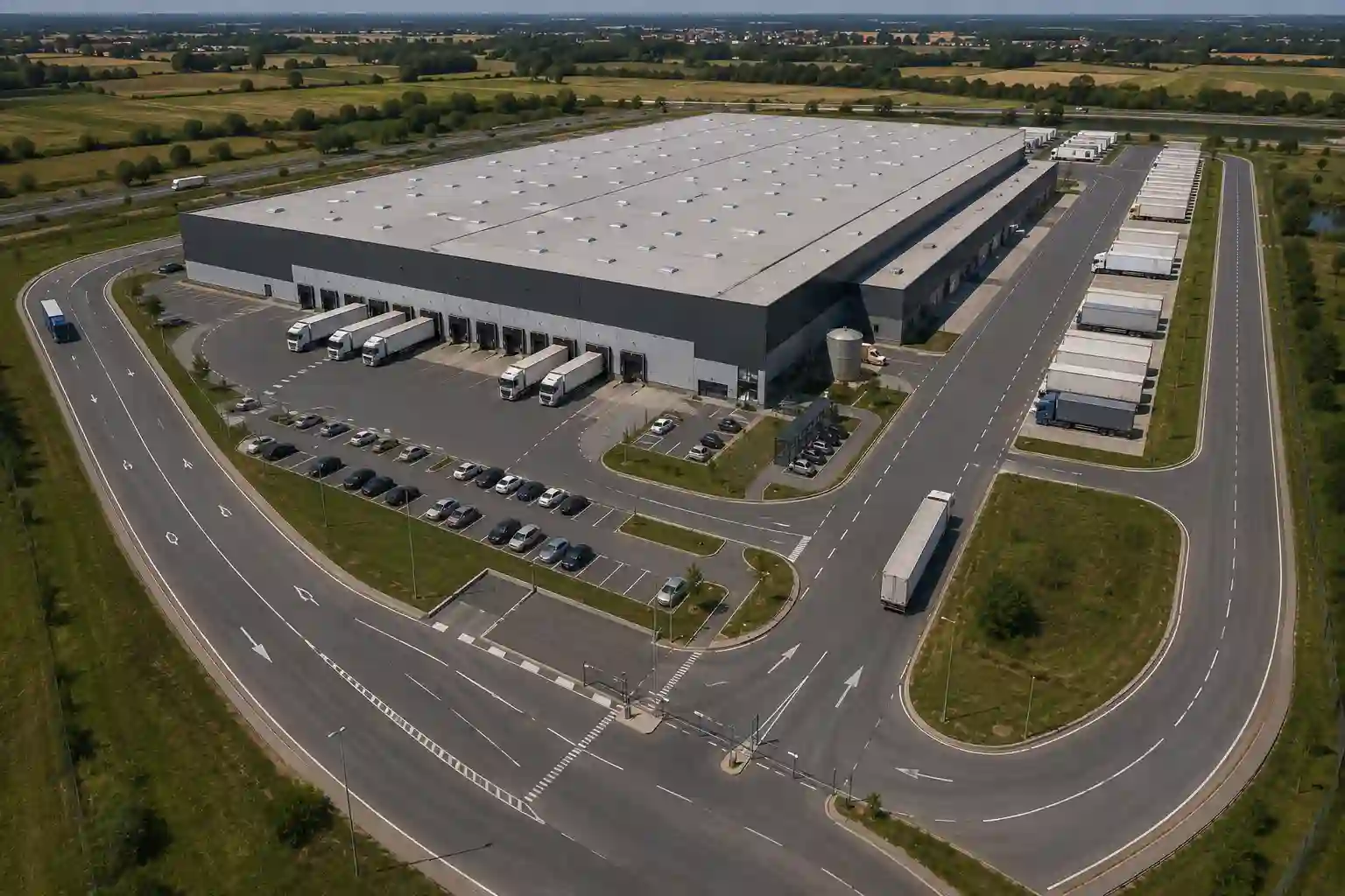 Centrum logistyczne z pętlą dla samochodów ciężarowych, parkingiem naczep i strefą oczekiwania przed dokami.