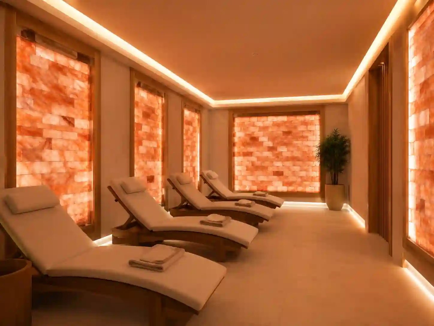Nowoczesna grota solna SPA z geometrycznymi panelami solnymi, drewnem i ukrytym oświetleniem.