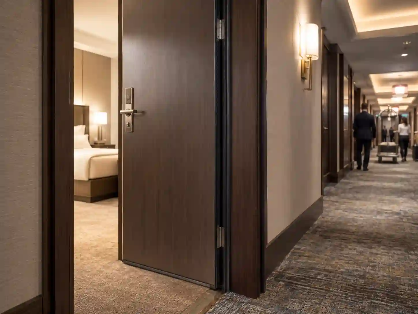 Drzwi hotelowe Rw 37 dB z grubszym skrzydłem, uszczelnioną ościeżnicą i progiem akustycznym.