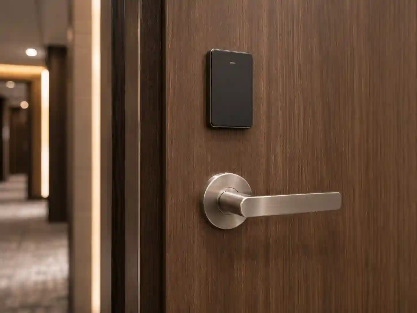 Hotelowe drzwi z małym czytnikiem RFID zamontowanym oddzielnie nad minimalistyczną klamką.