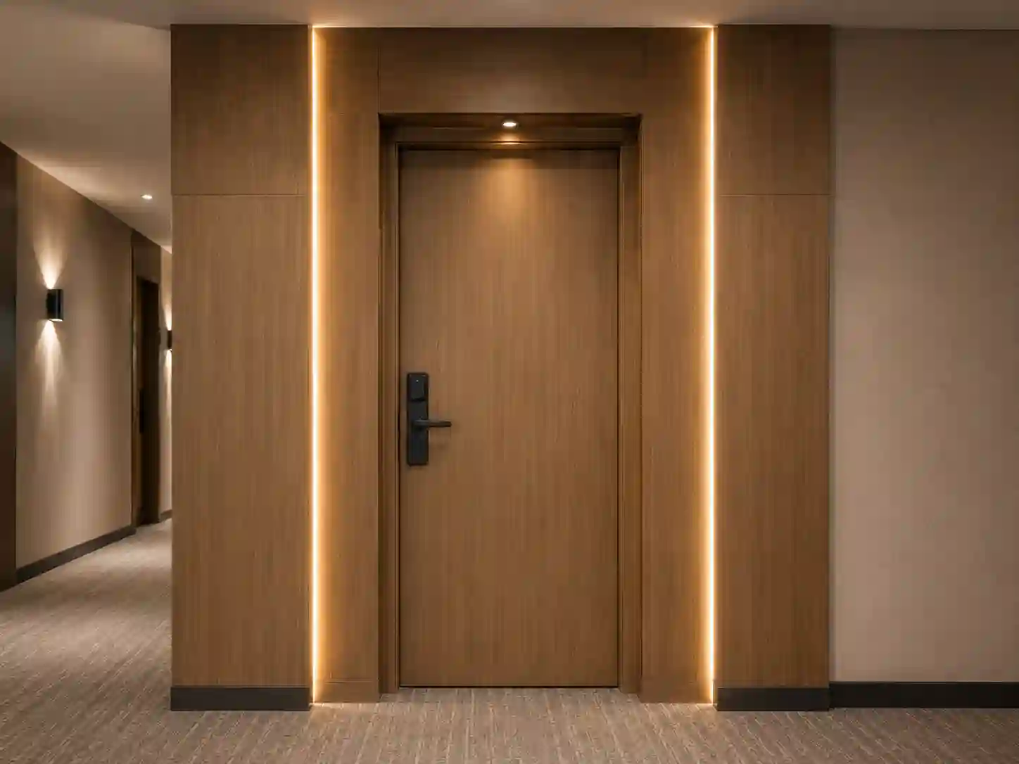 Drzwi do apartamentu hotelowego otoczone szerokim portalem z panelami bocznymi i zabudową nad skrzydłem.