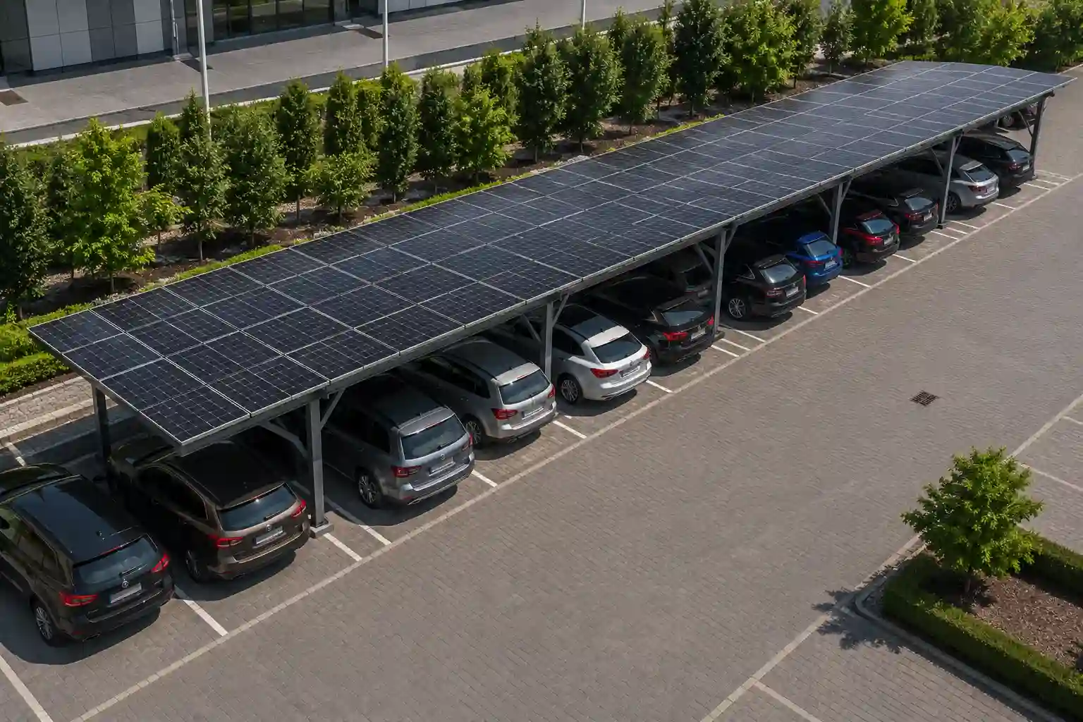 Modułowa wiata fotowoltaiczna zbudowana nad istniejącym parkingiem firmowym.