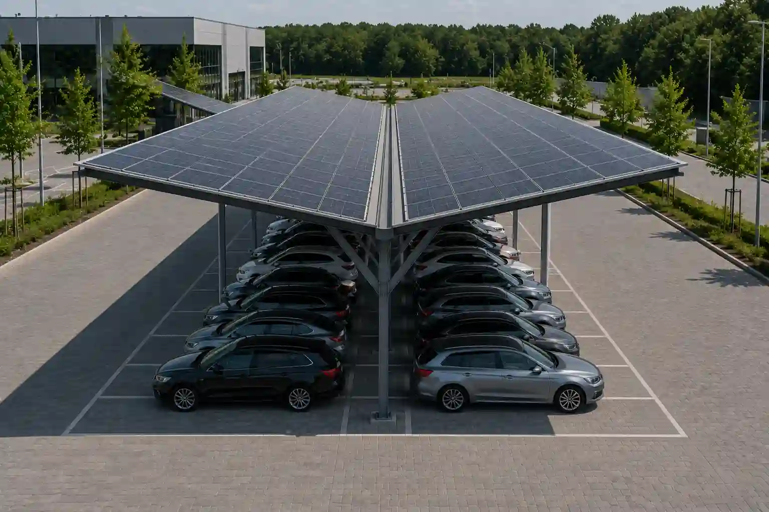 Wiata fotowoltaiczna typu motyl z dwiema połaciami opadającymi do centralnej rynny.