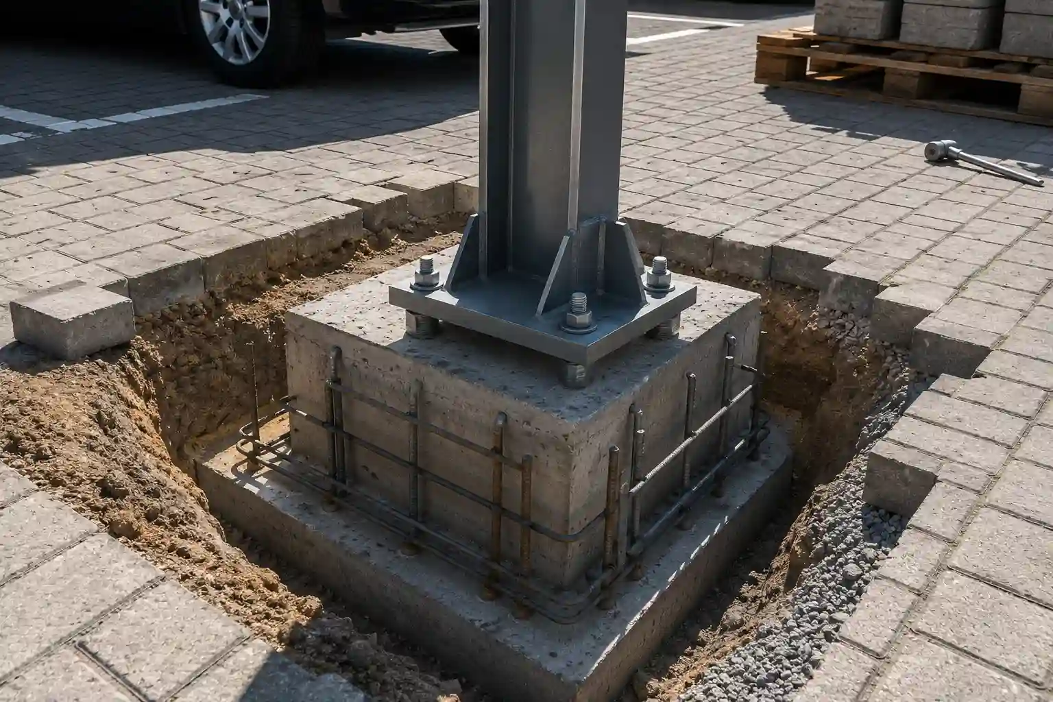 Słup wiaty fotowoltaicznej osadzany na dużej żelbetowej stopie fundamentowej.