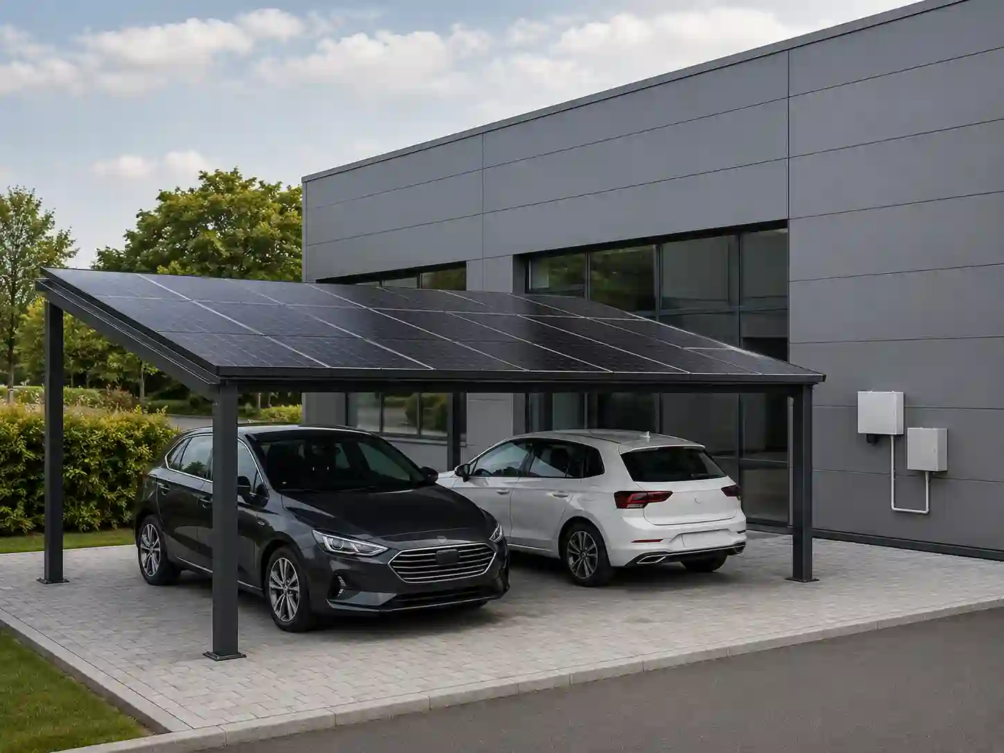 Wiata fotowoltaiczna bez ładowarki i magazynu energii, połączona z instalacją budynku.