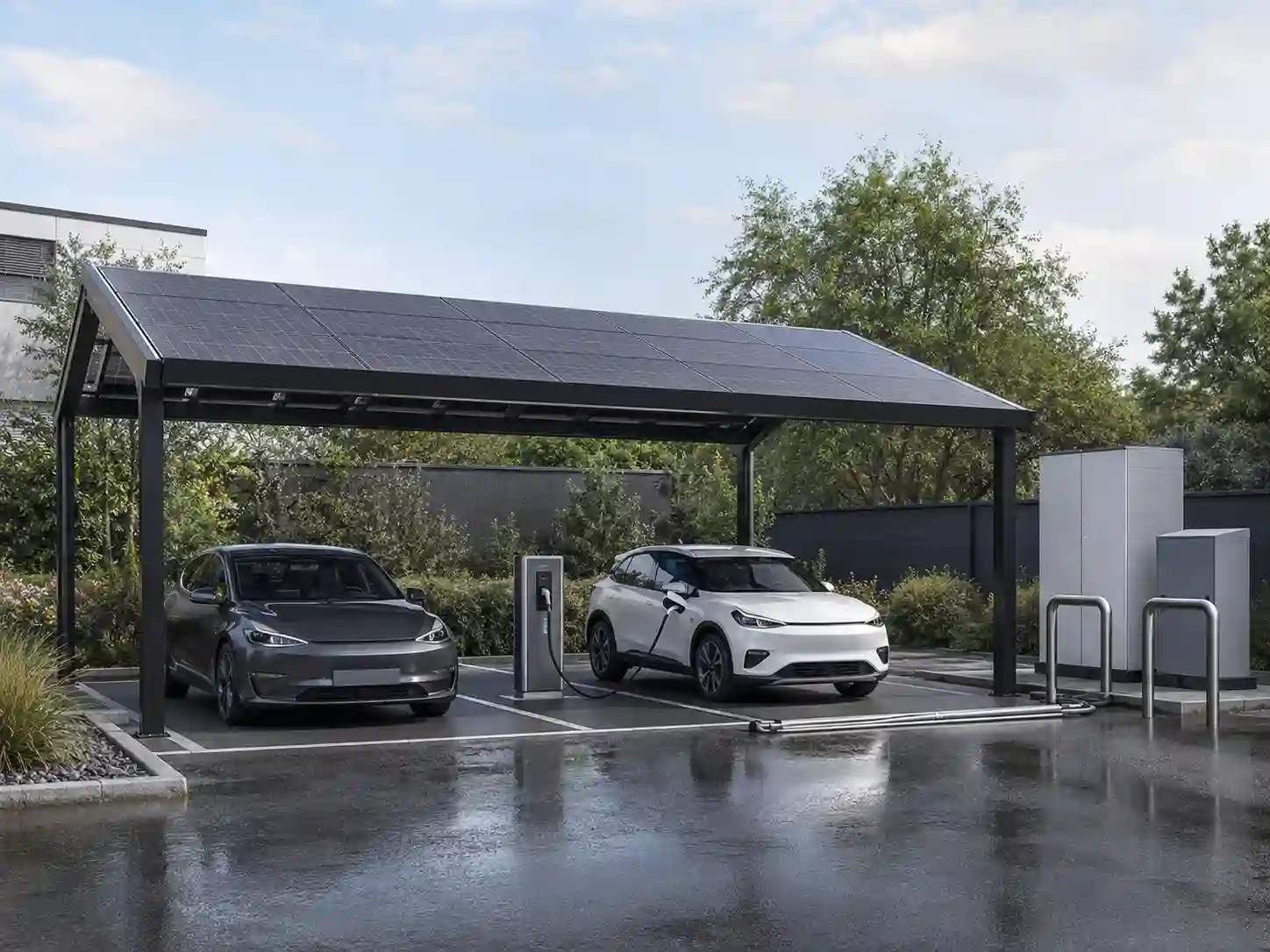 Wiata fotowoltaiczna z ładowarką samochodową i stojącym obok modułowym magazynem energii.