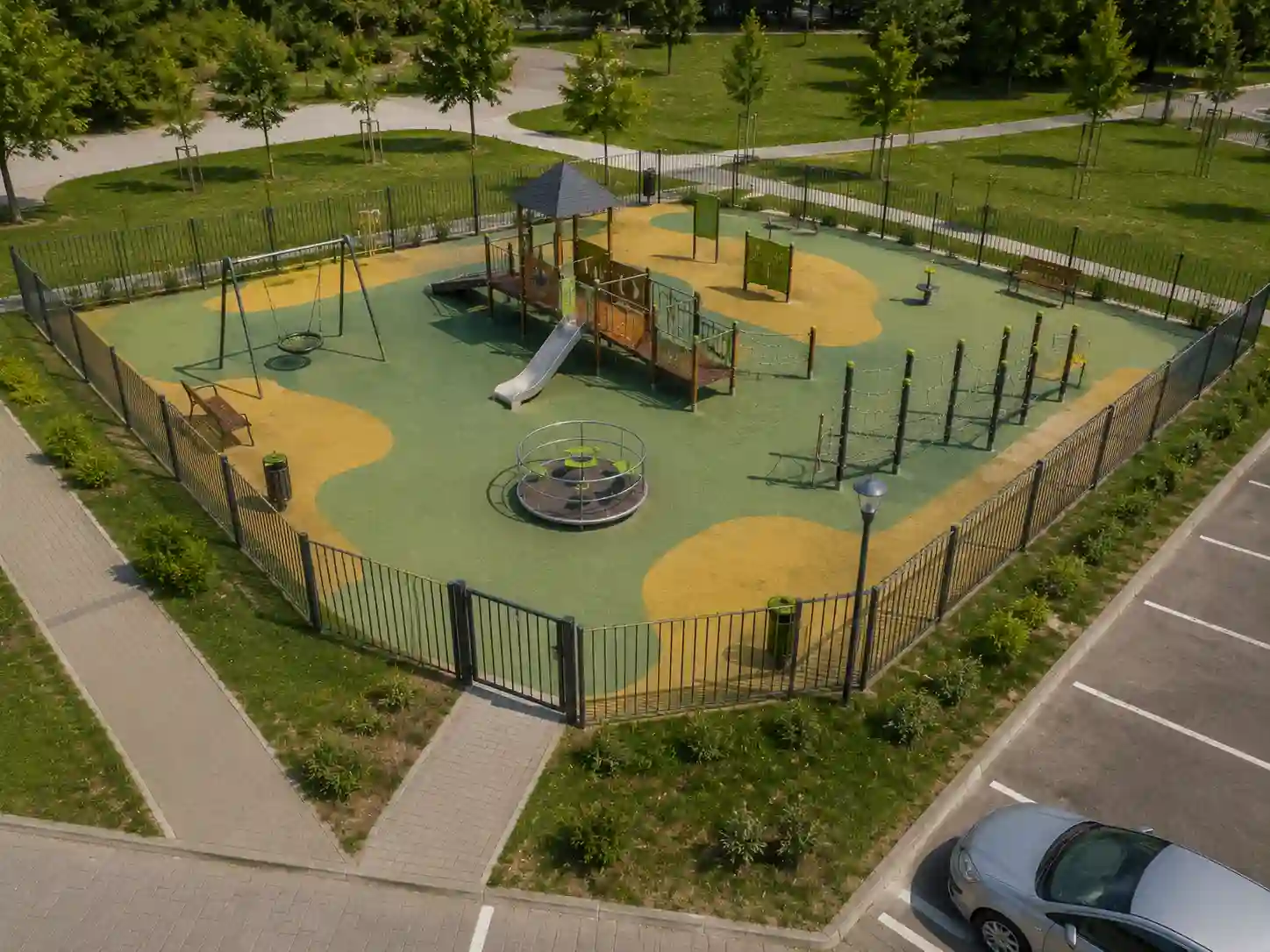 Publiczny plac zabaw otoczony metalowym ogrodzeniem panelowym z furtką.