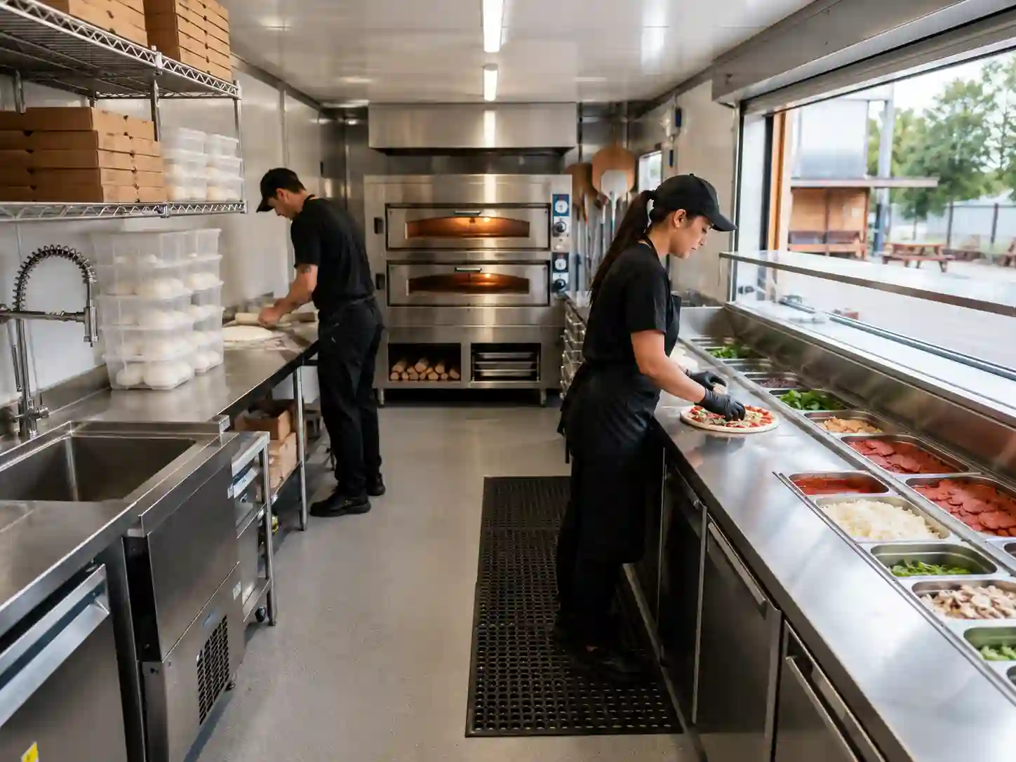 Kontener gastronomiczny wyposażony jako pizzeria z piecem i stołem do przygotowania ciasta.