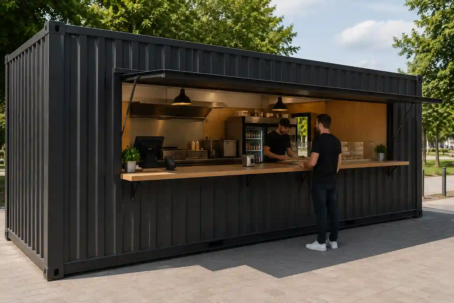 Kontener gastronomiczny z jednym dużym oknem służącym do zamawiania i odbierania posiłków.