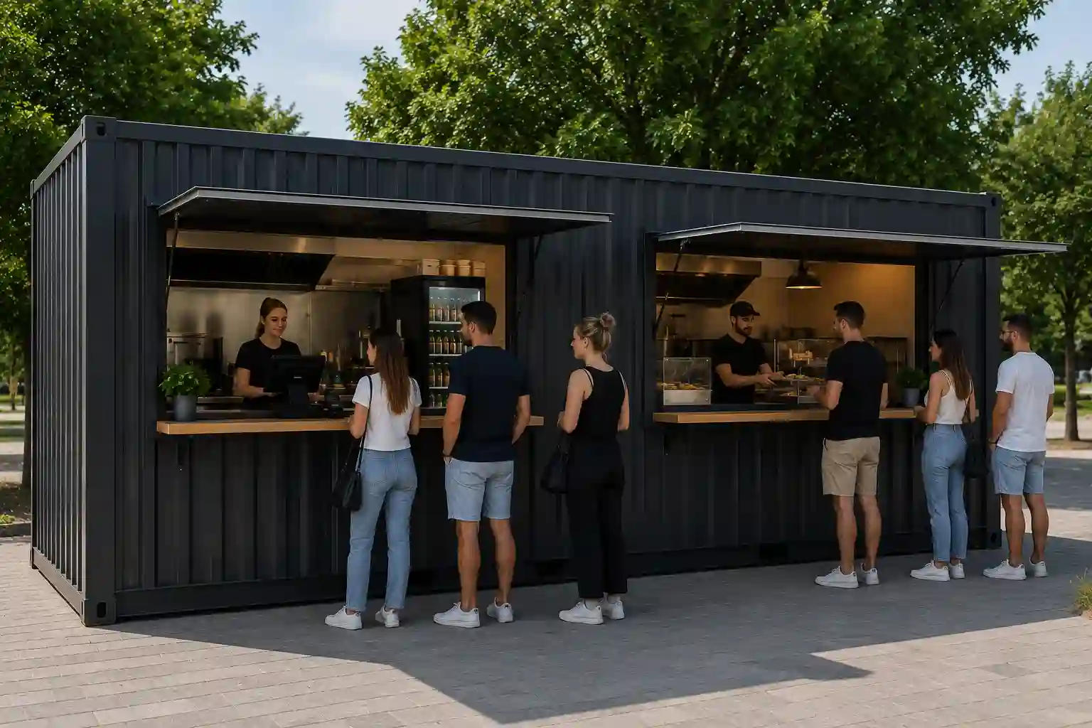 Kontener gastronomiczny z oddzielnym oknem składania zamówień i drugim oknem odbioru.