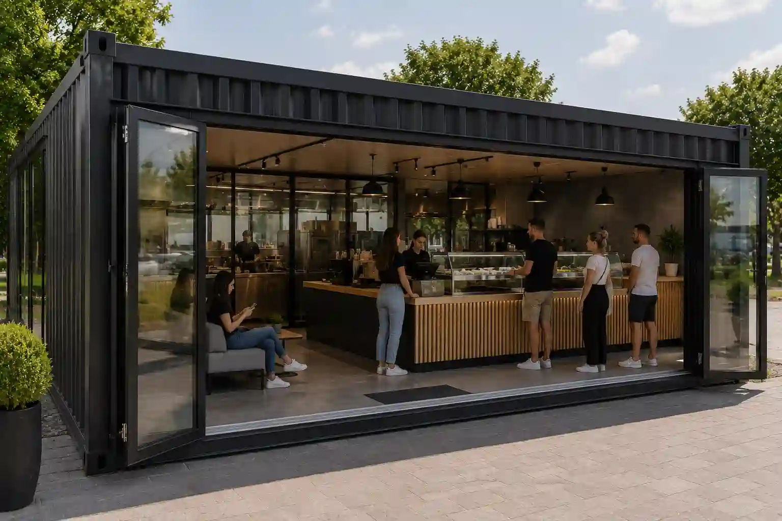 Pawilon gastronomiczny z wejściem dla klientów i ladą sprzedażową wewnątrz.