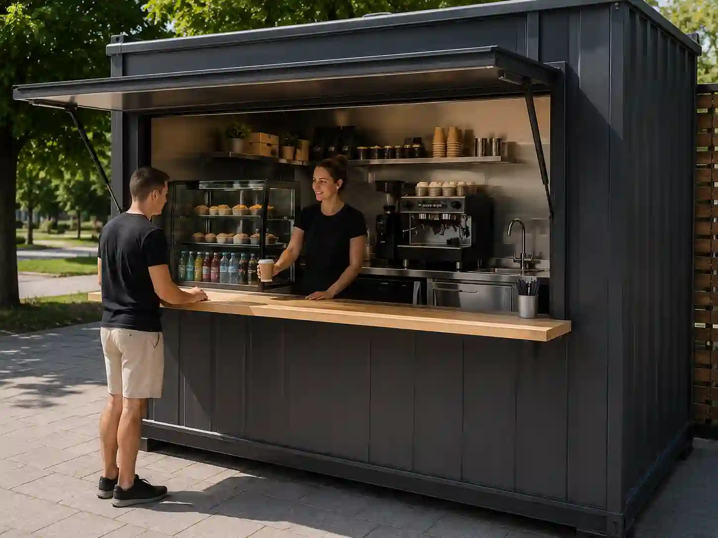 Mały kiosk gastronomiczny z jednym oknem sprzedażowym i kompaktowym wyposażeniem.