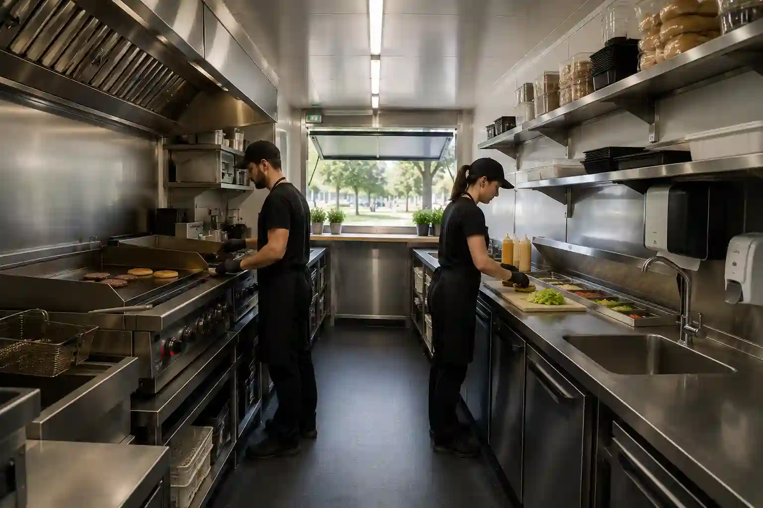 Standardowy sześciometrowy kontener gastronomiczny z dwustronnym układem kuchni.
