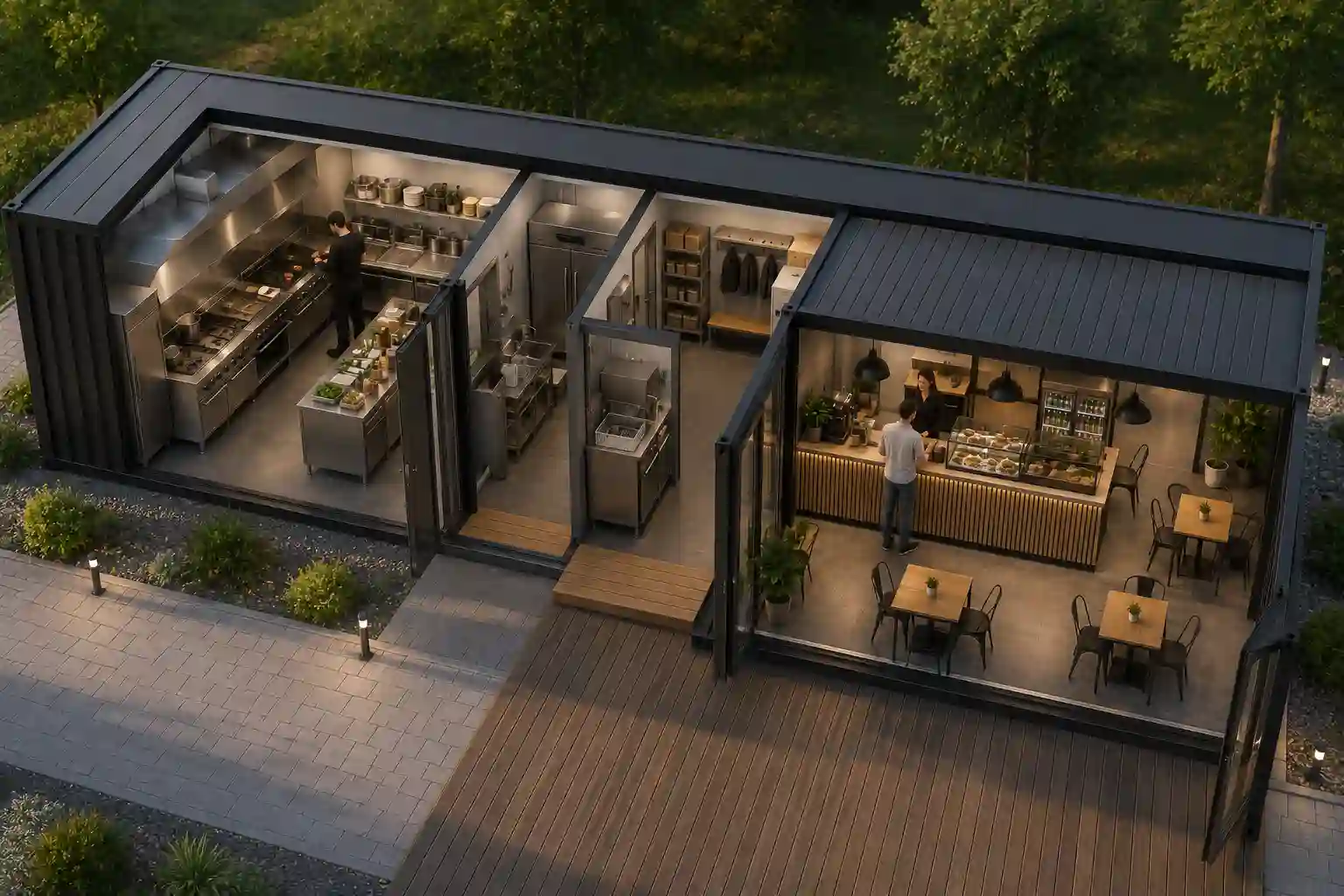 Restauracja kontenerowa złożona z kilku połączonych modułów gastronomicznych.