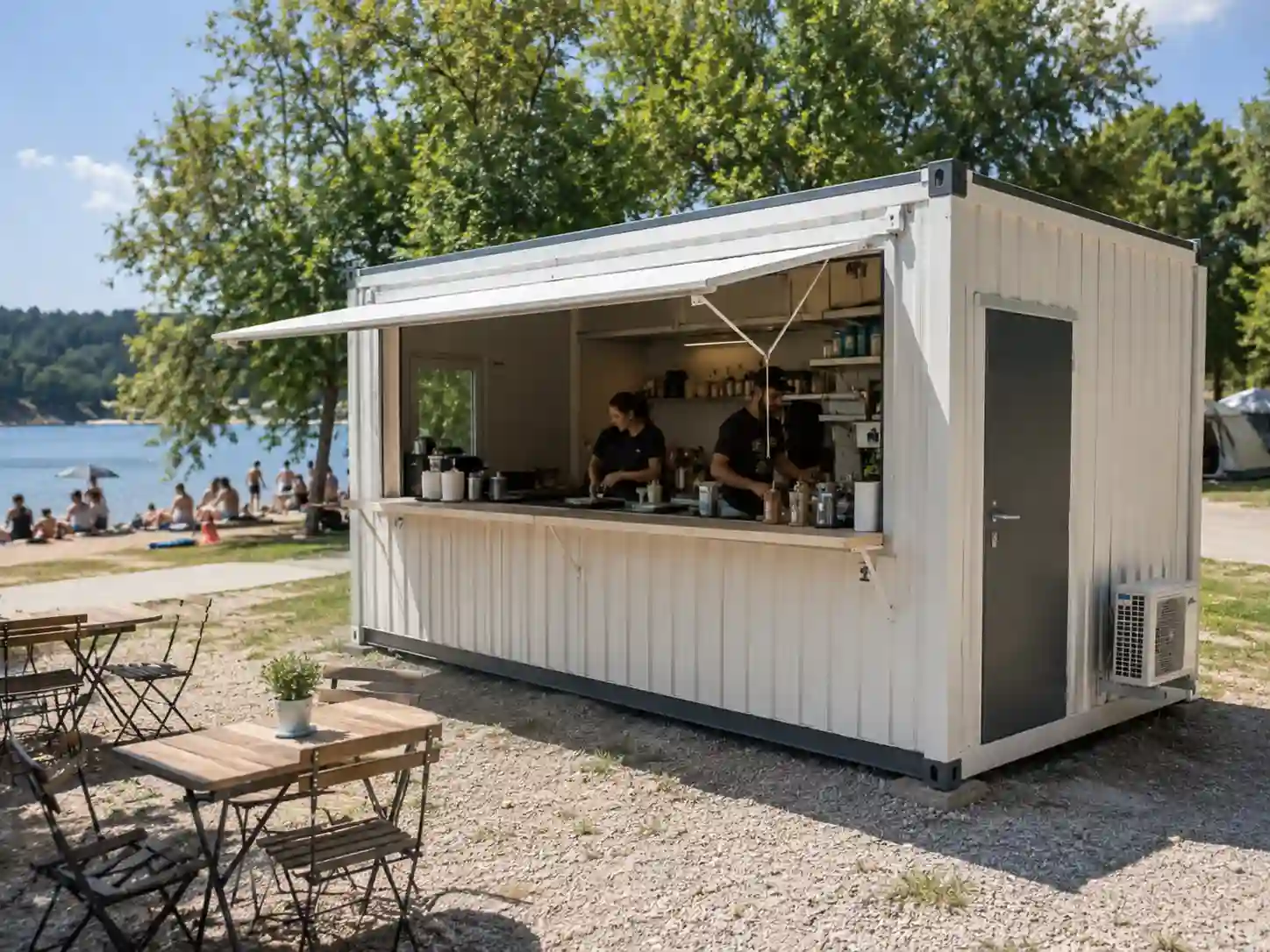 Sezonowy kontener gastronomiczny z dużym oknem sprzedażowym przy letniej strefie wypoczynkowej.