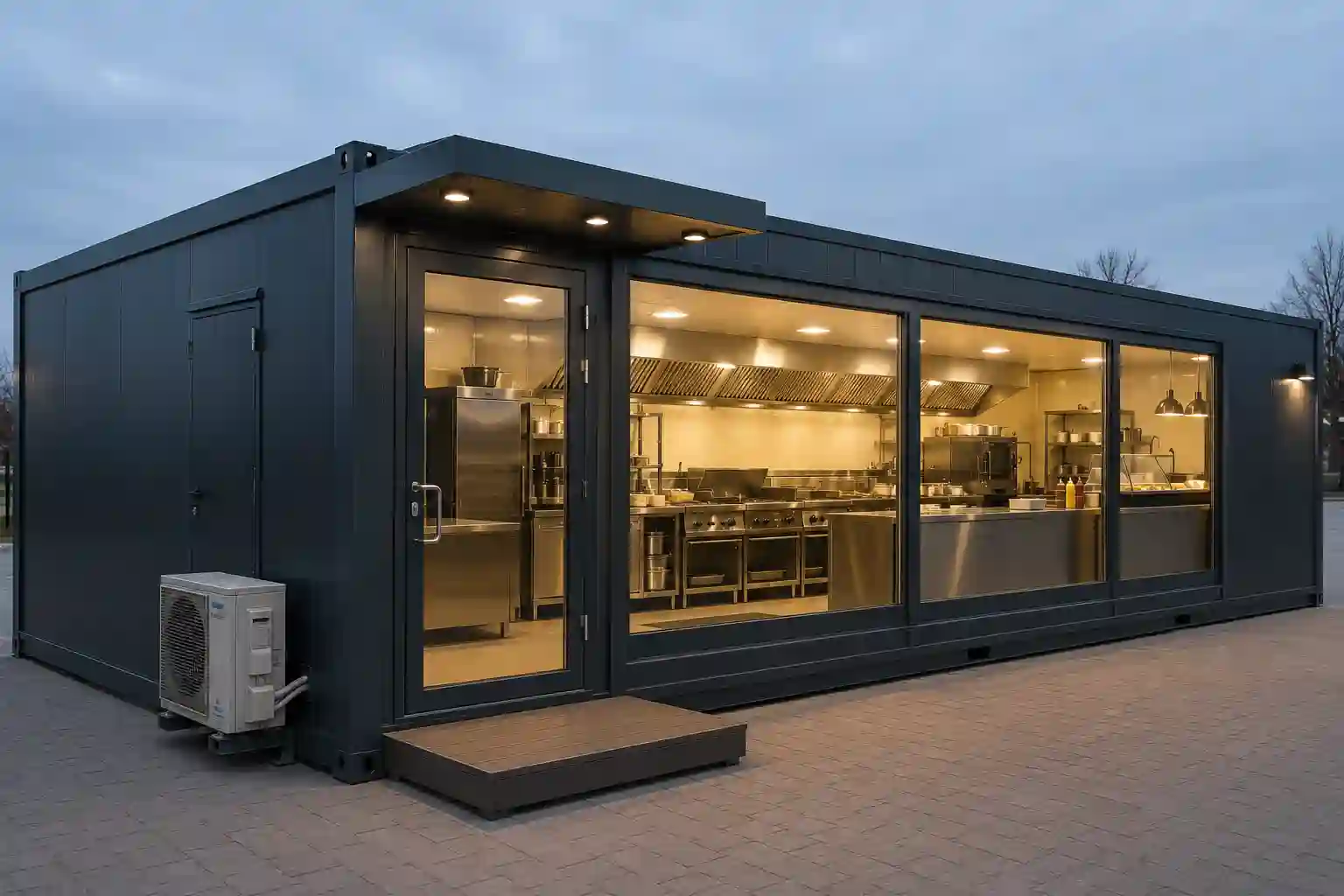Całoroczny kontener gastronomiczny z rozbudowaną wentylacją i instalacjami do intensywnej pracy kuchni.