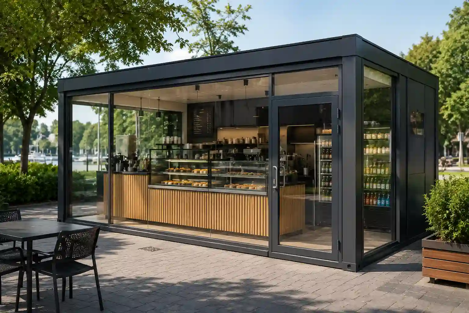 Przeszklony pawilon gastronomiczny z widoczną ladą i otwartym wnętrzem.