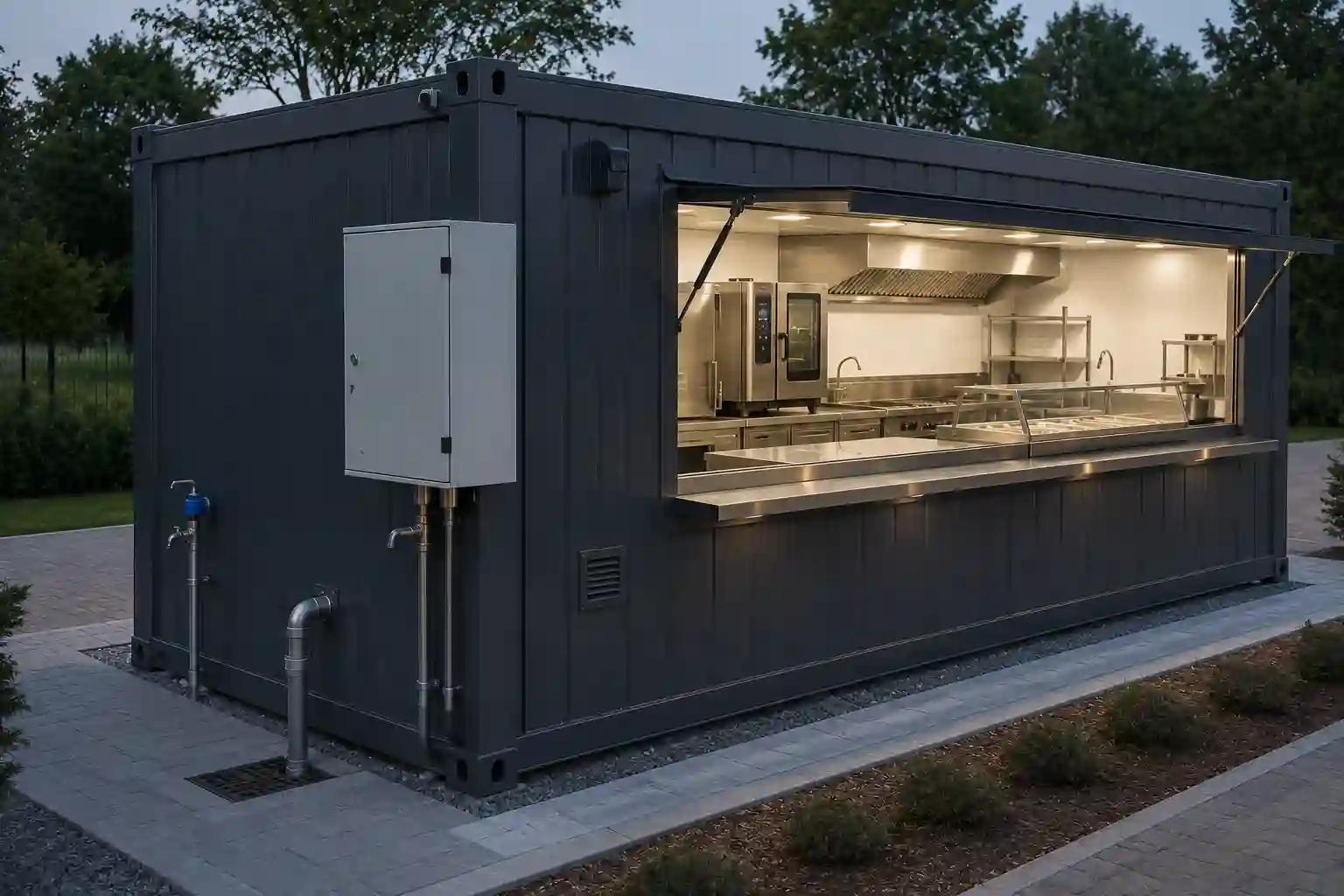 Kontener gastronomiczny podłączony do stałej sieci wodnej, kanalizacyjnej i elektrycznej.