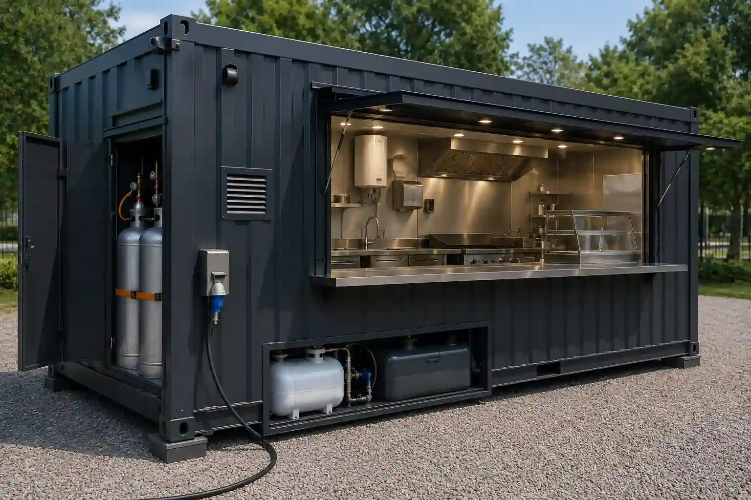 Kontener gastronomiczny z przyłączem elektrycznym, zbiornikami na wodę i butlami gazowymi.