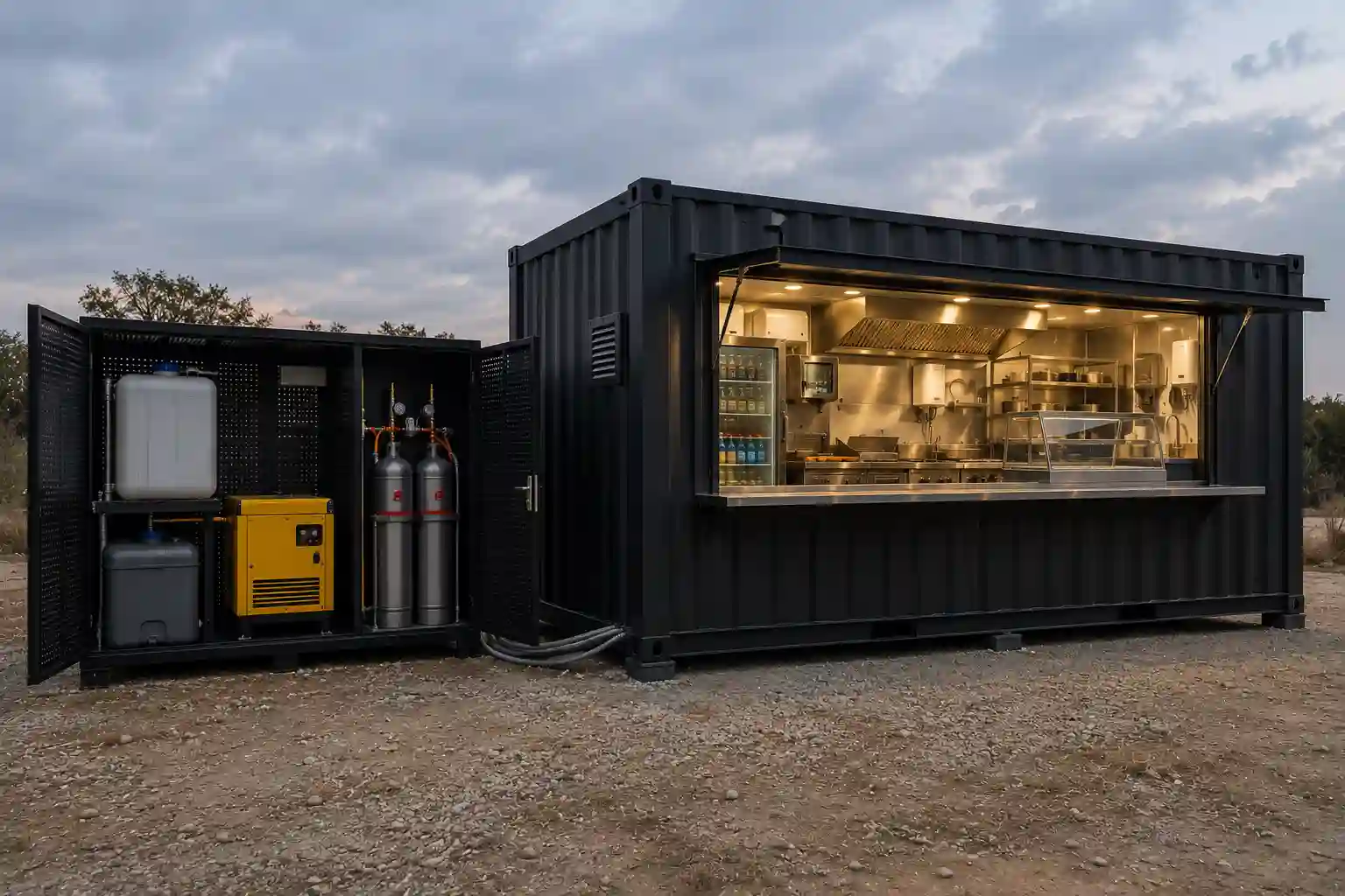Autonomiczny kontener gastronomiczny z agregatem, zbiornikami wody i własnym zapleczem technicznym.