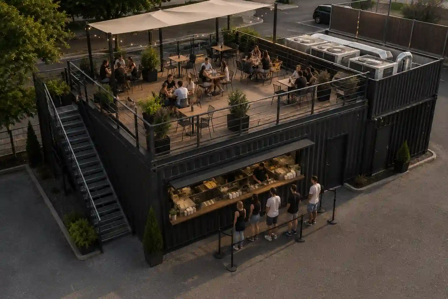 Kontener gastronomiczny z tarasem na dachu, zewnętrznymi schodami i stolikami.