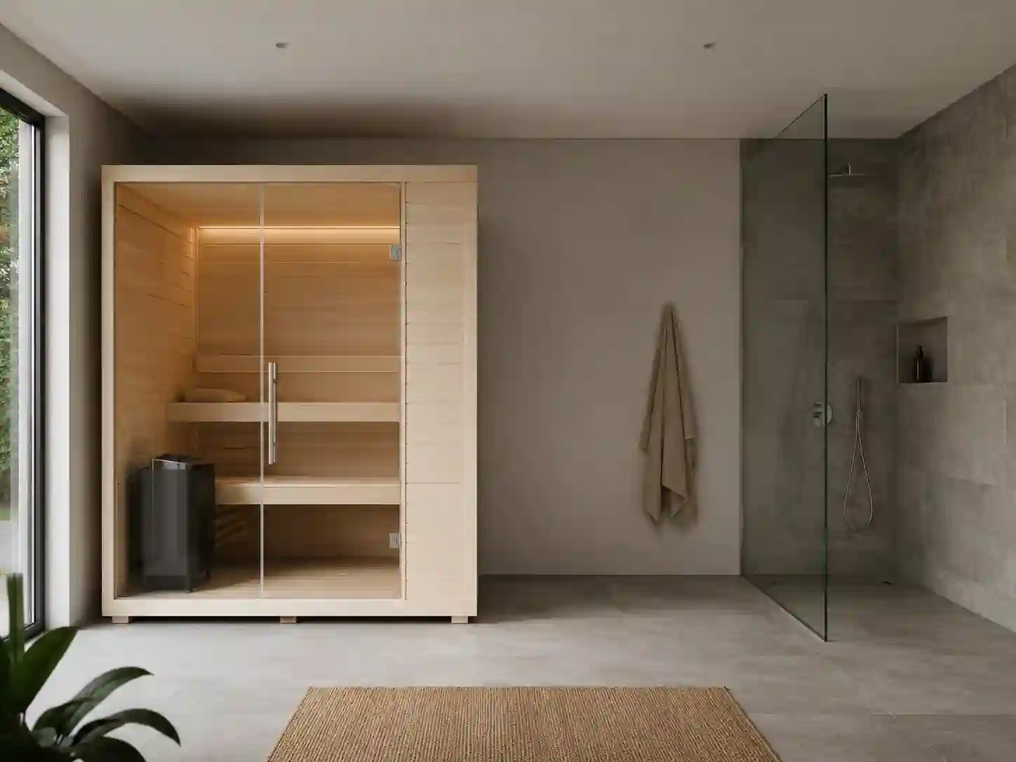 Wolnostojąca sauna fińska o prostej bryle ustawiona przy ścianie domowej strefy wellness.