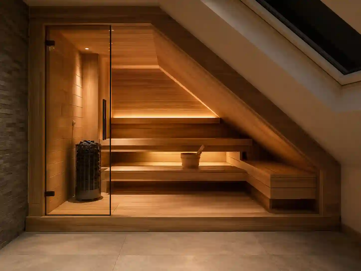 Sauna fińska na poddaszu dopasowana do wyraźnego skosu dachu.