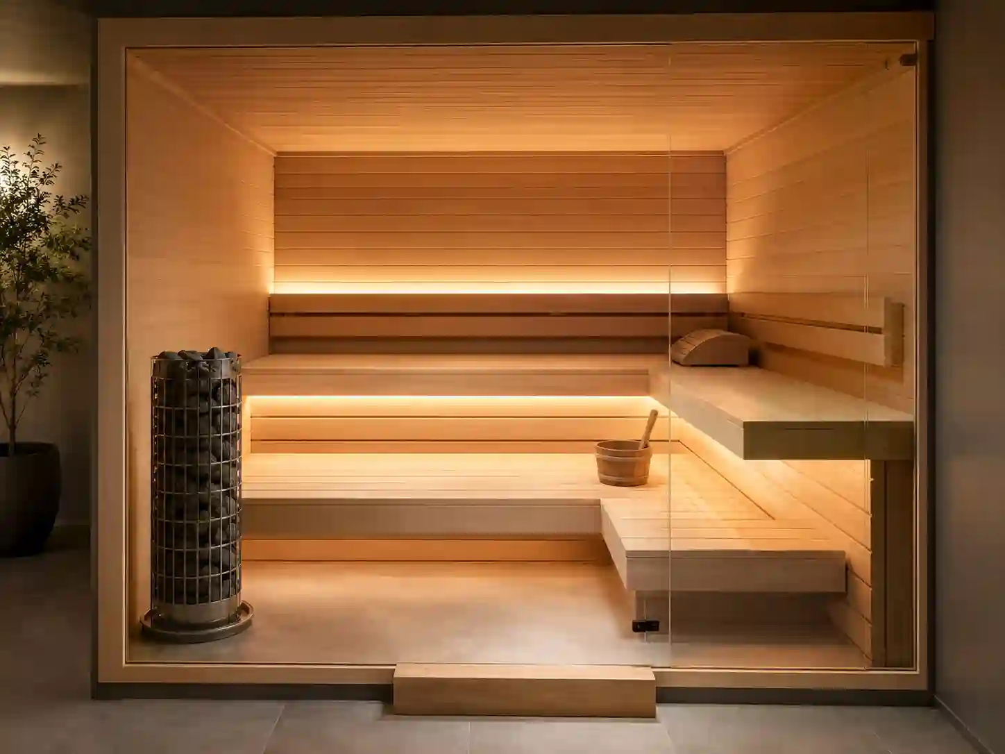 Rodzinna sauna fińska dla trzech lub czterech osób z dwupoziomowymi ławkami w układzie L.