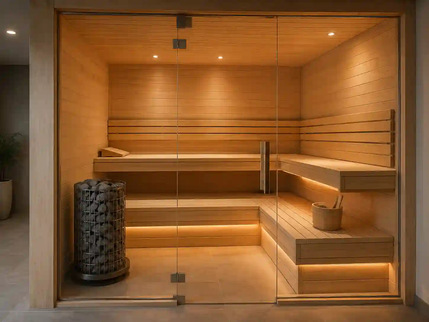 Sauna fińska z dwupoziomowymi ławkami ułożonymi w kształcie litery L.