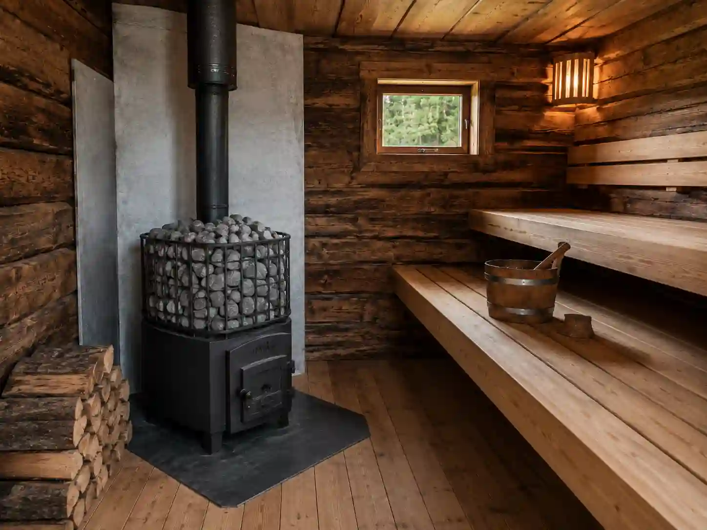 Sauna fińska ogrodowa z piecem opalanym drewnem, kominem i zabezpieczoną strefą paleniska.