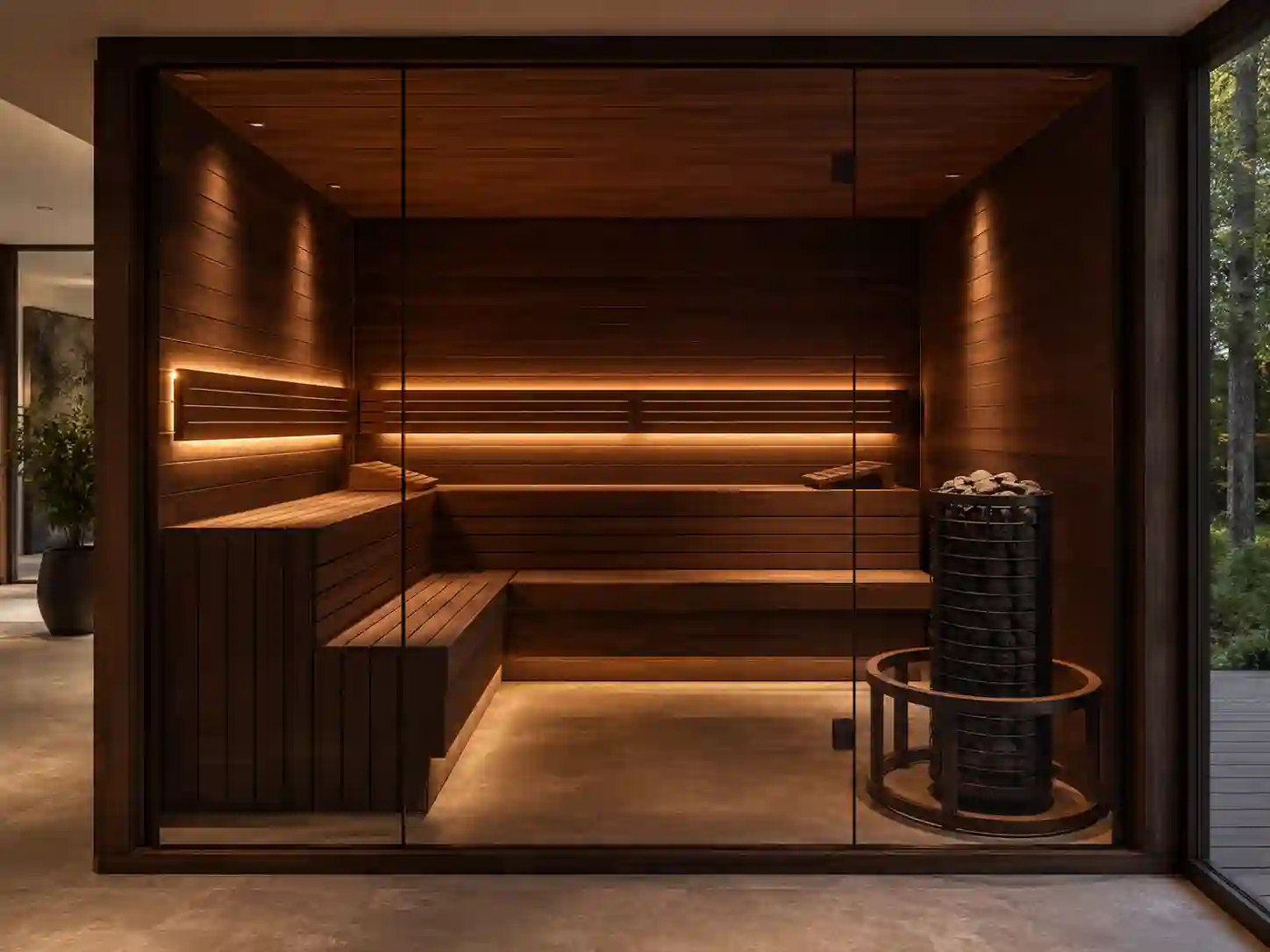 Sauna fińska z piecem wieżowym ustawionym w wydzielonym narożniku kabiny.