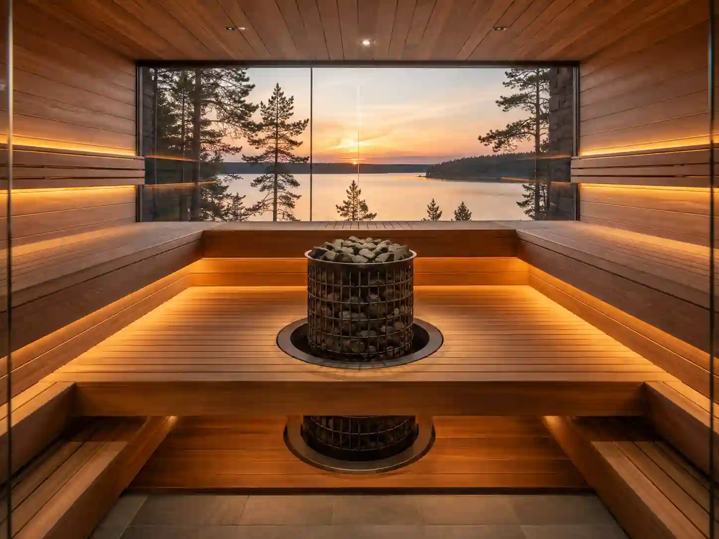 Sauna fińska z piecem wieżowym częściowo wpuszczonym w drewnianą zabudowę ławek.
