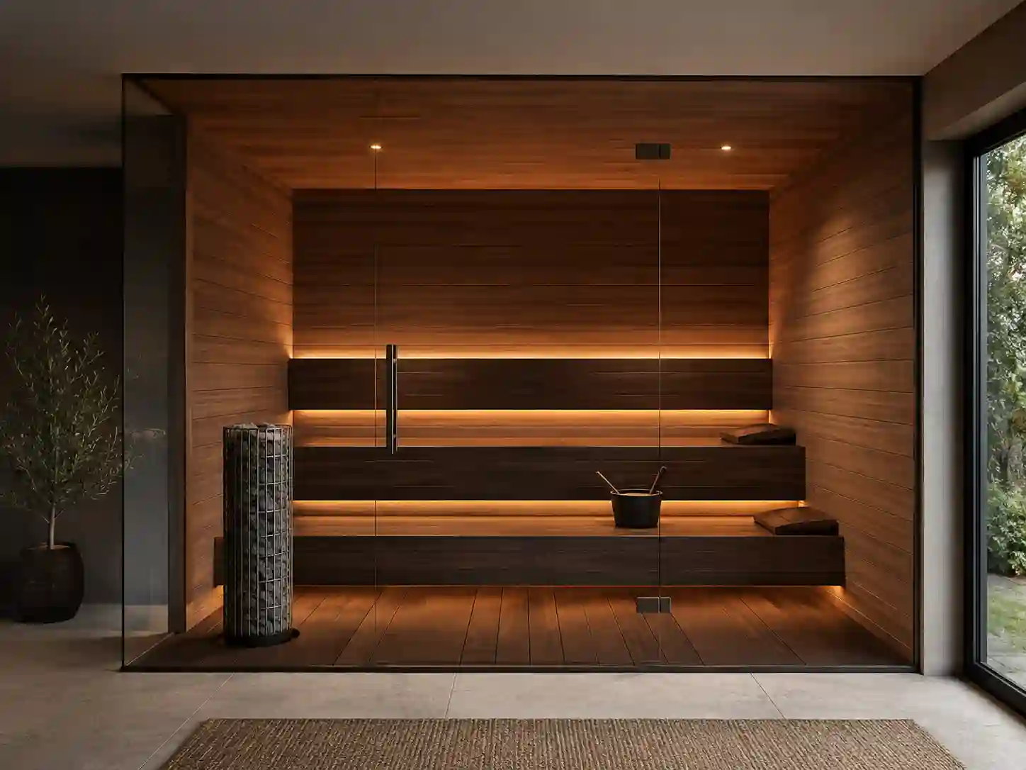 Nowoczesna sauna fińska z panoramiczną szklaną ścianą frontową.