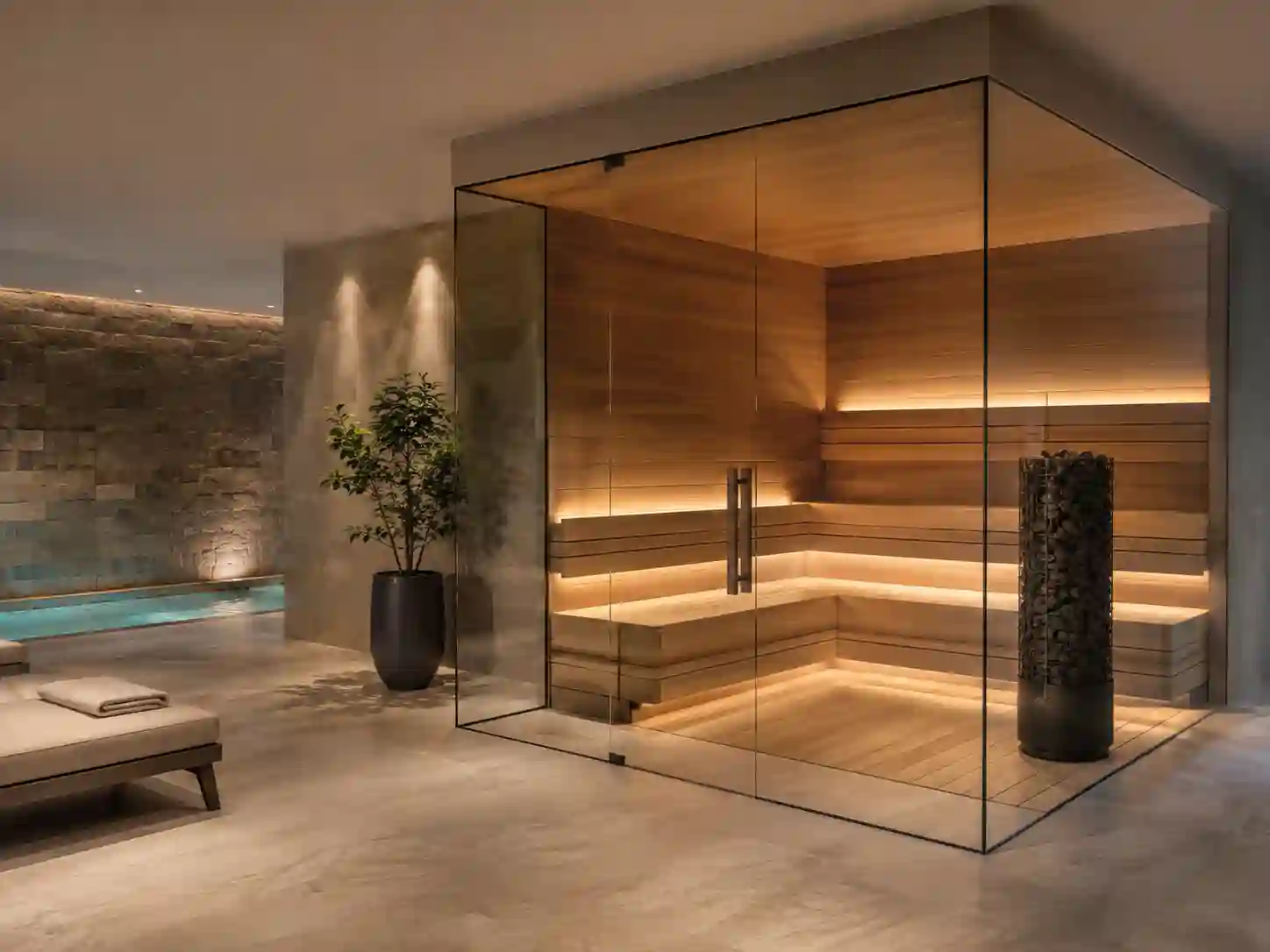 Reprezentacyjna sauna fińska z panoramicznym przeszkleniem frontowym i bocznym.
