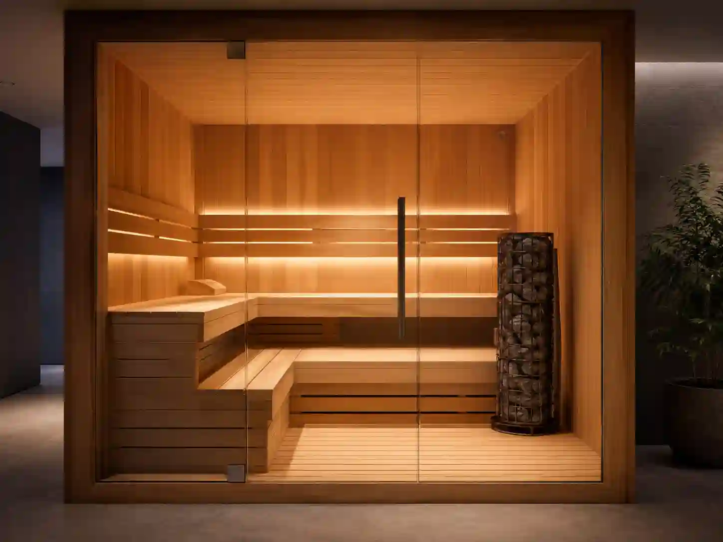 Standardowa sauna domowa z górną i dolną ławką oraz wygodnym stopniem wejściowym.
