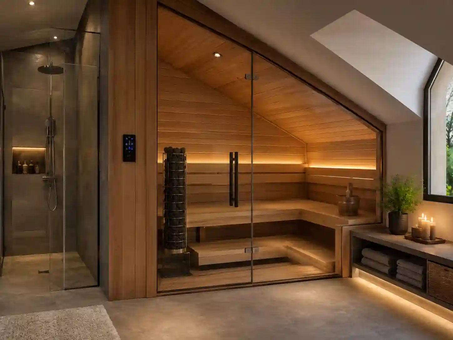 Kompletna sauna fińska na wymiar wbudowana w nietypową domową wnękę pod skosem.