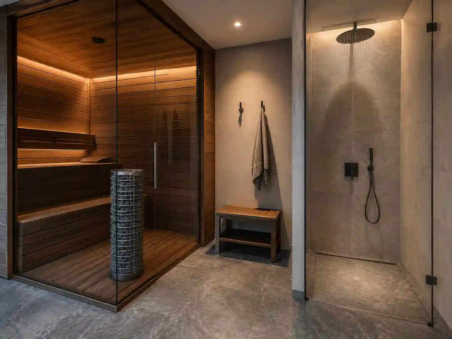 Domowa sauna fińska połączona z prysznicem i niewielką strefą schładzania.