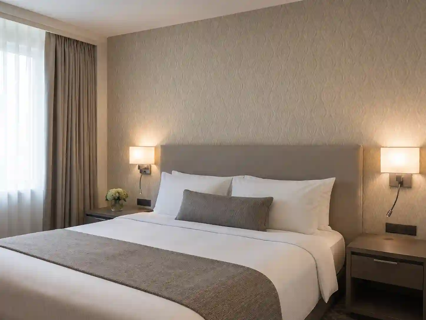Standardowa tapeta obiektowa w spokojnie użytkowanym pokoju hotelowym.