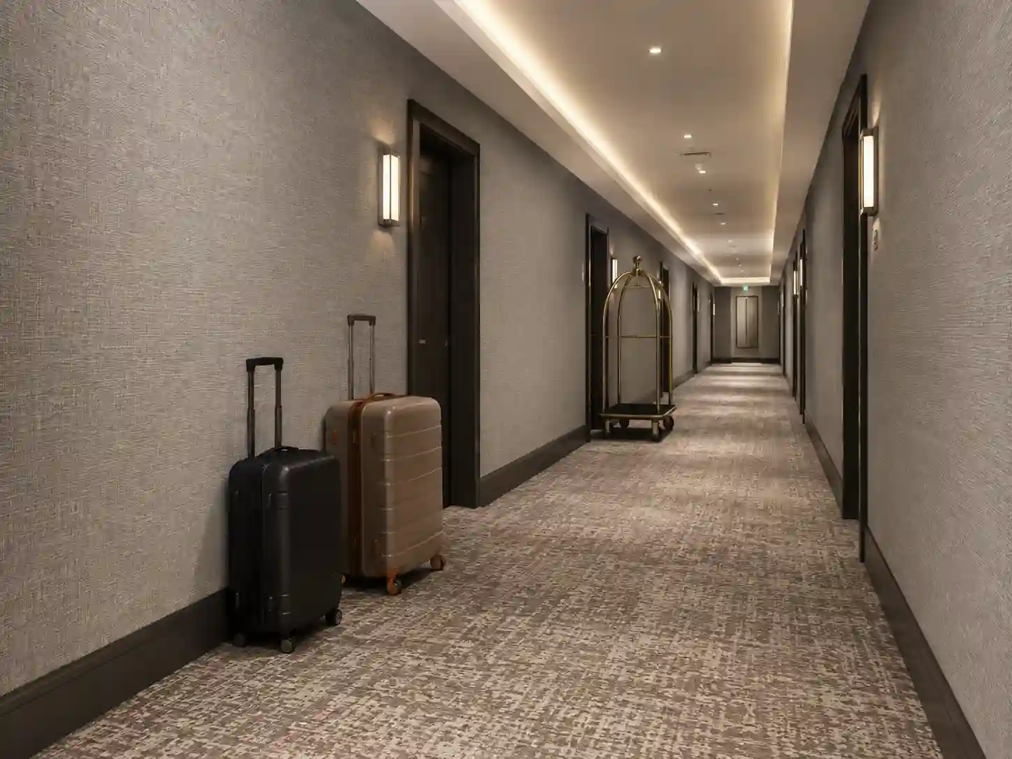 Wzmocniona tapeta heavy duty w intensywnie użytkowanym hotelowym korytarzu.