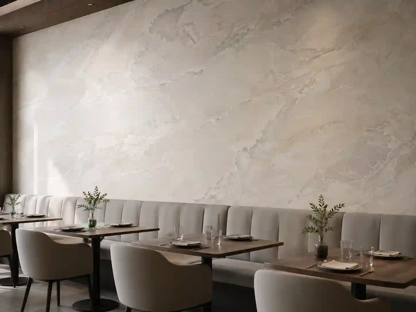 Tapeta obiektowa imitująca jasny kamień i dekoracyjny stiuk na dużej ścianie restauracji.