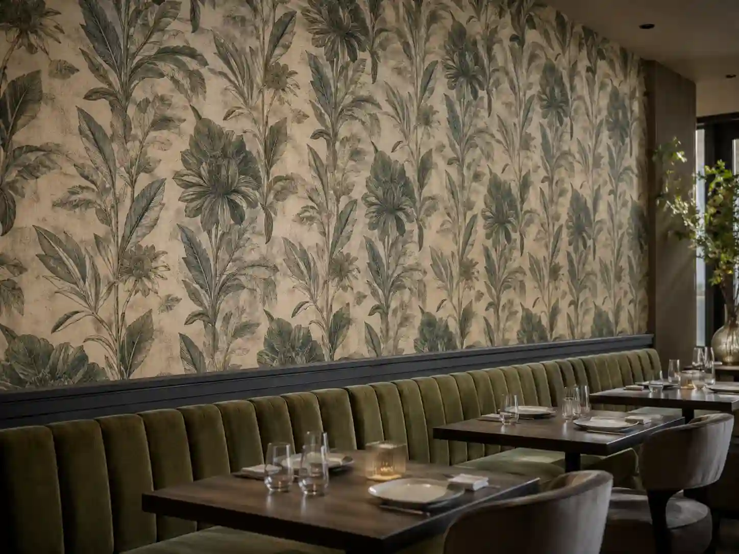 Tapeta obiektowa z regularnym wzorem botanicznym na ścianie restauracji.