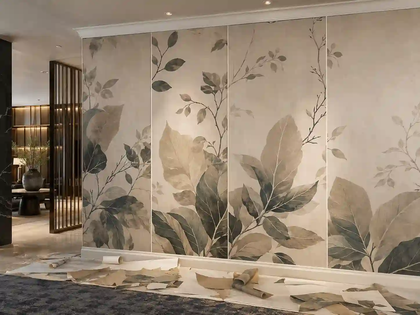 Tapeta obiektowa z przesuniętym pasowaniem dużego wzoru botanicznego.