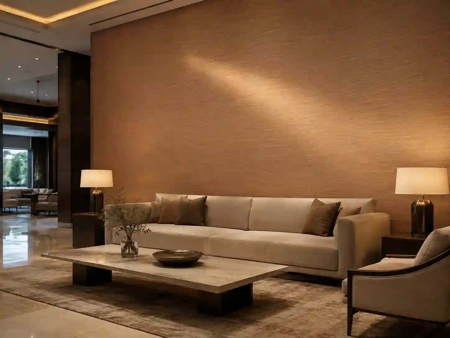 Tapeta obiektowa z delikatnym satynowym połyskiem w hotelowym lobby.