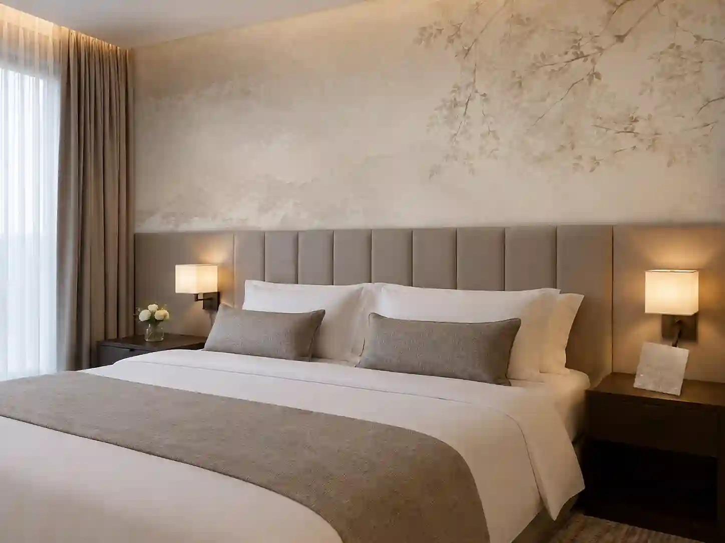 Standardowa tapeta hotelowa na osłoniętej ścianie pokoju.
