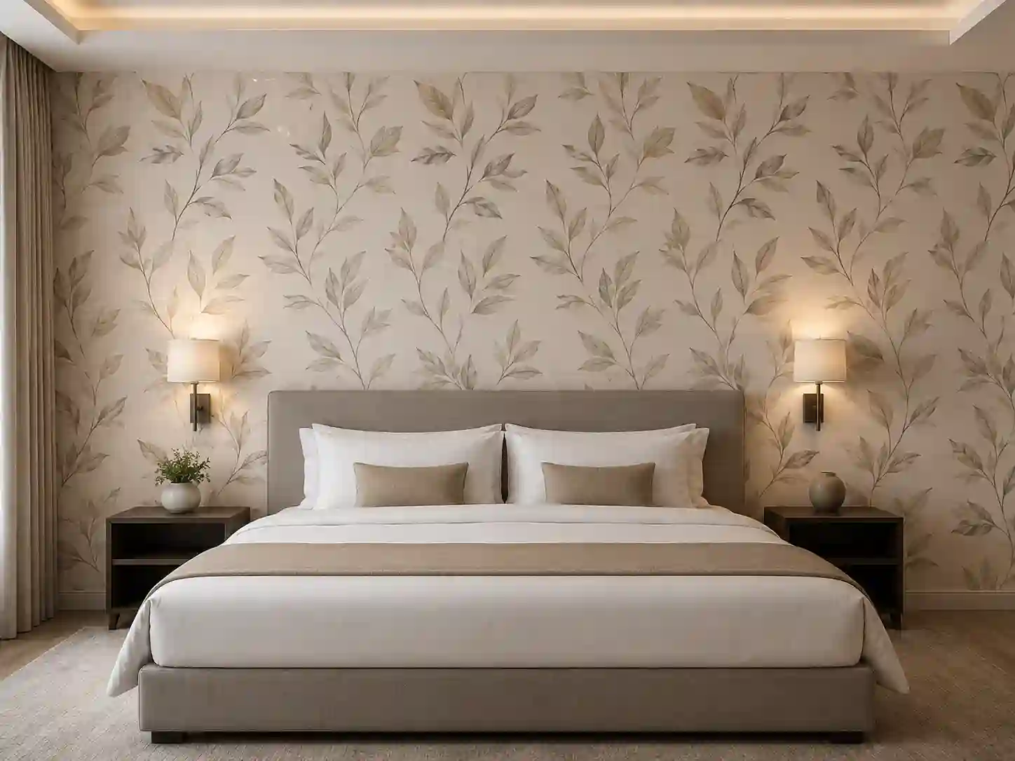 Tapeta hotelowa z dużym powtarzalnym motywem botanicznym za łóżkiem.