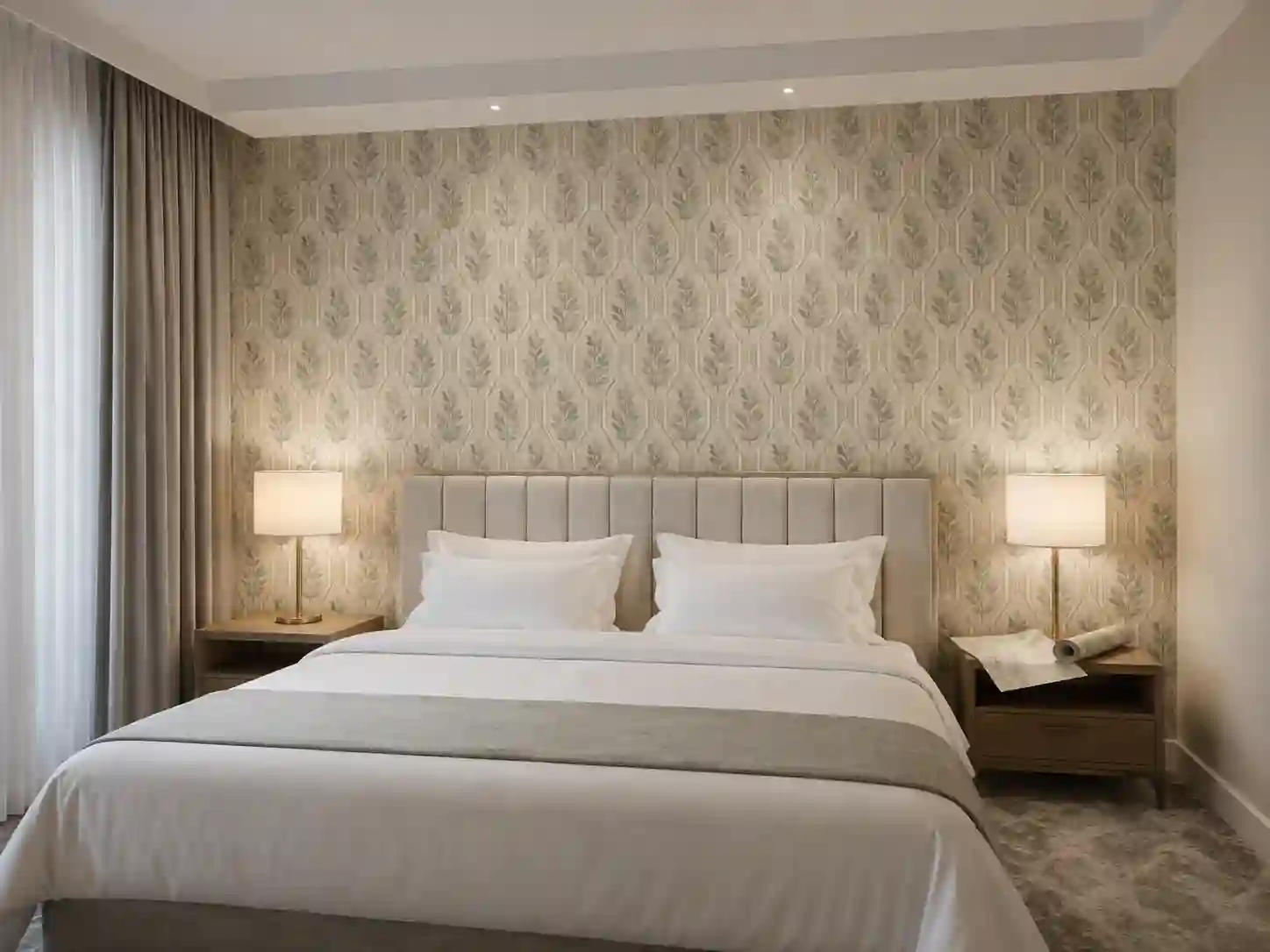 Jeden gotowy wzór tapety zastosowany na całej ścianie za łóżkiem hotelowym.