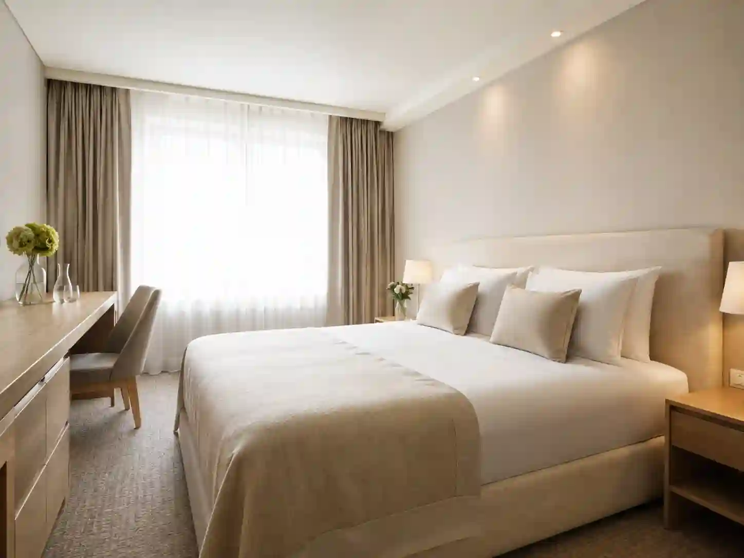 Jasna beżowa tapeta hotelowa na ścianie za łóżkiem.