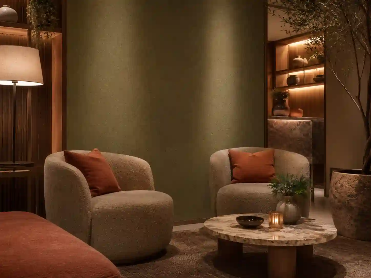 Oliwkowozielona tapeta hotelowa w naturalnej kolorystyce ziemi.