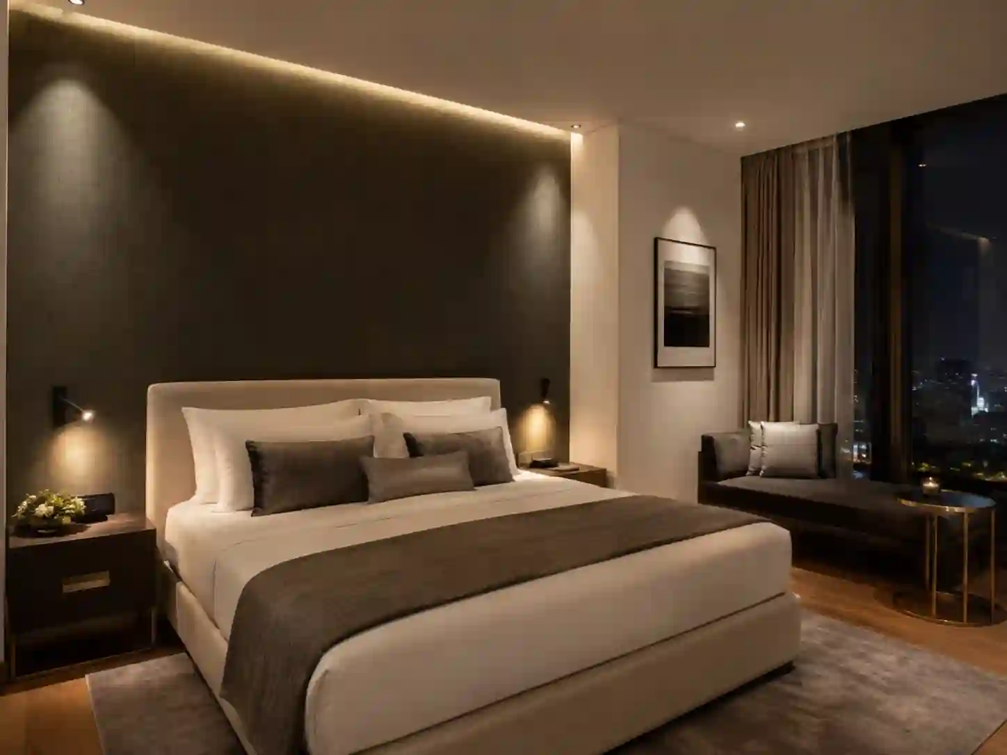 Ciemna grafitowa tapeta hotelowa na ścianie za łóżkiem.